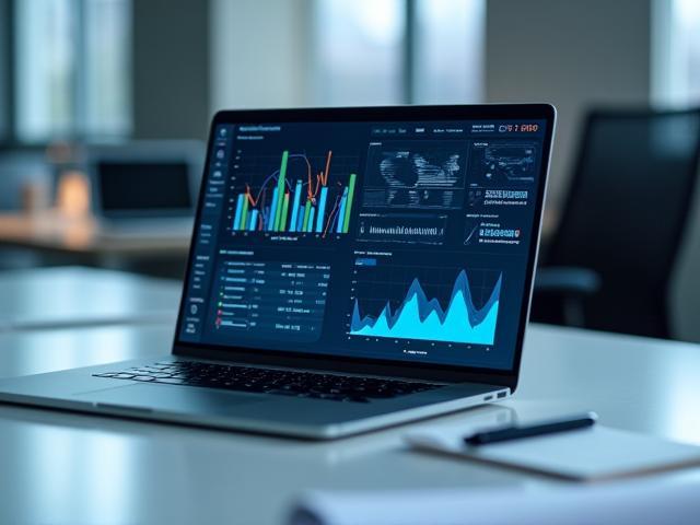 Laptop op een bureau met analytische grafieken